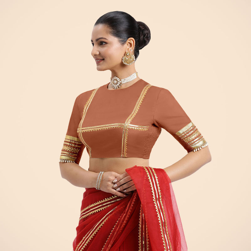 Farheen x Tyohaar | Metallic Copper Embellished Elbow Sleeves FlexiFit™ Saree Blouse with Zero Neck with Back Cut-Out and Golden Gota Embellishment-Binks