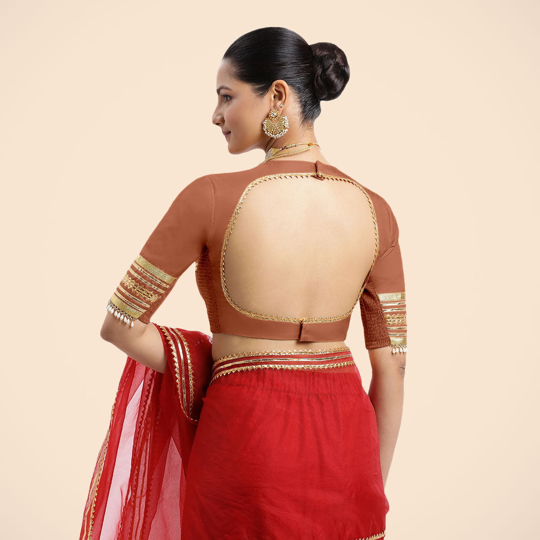 Farheen x Tyohaar Saree Blouse, in Copper Vegan Silk, featuring elbow sleeves, made for party & festive (view 2).