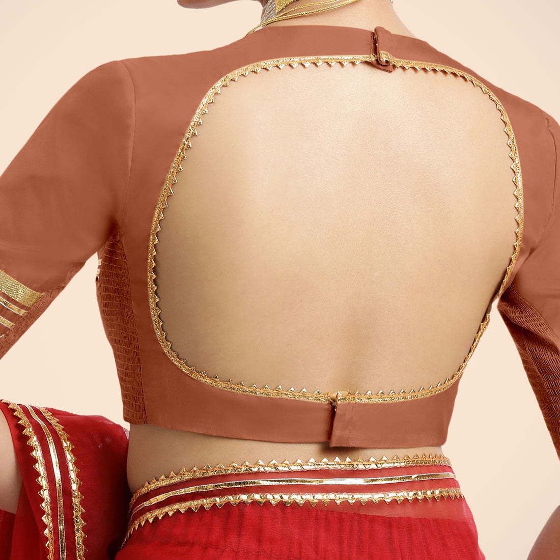 Farheen x Tyohaar Saree Blouse, in Copper Vegan Silk, featuring elbow sleeves, made for party & festive (view 4).