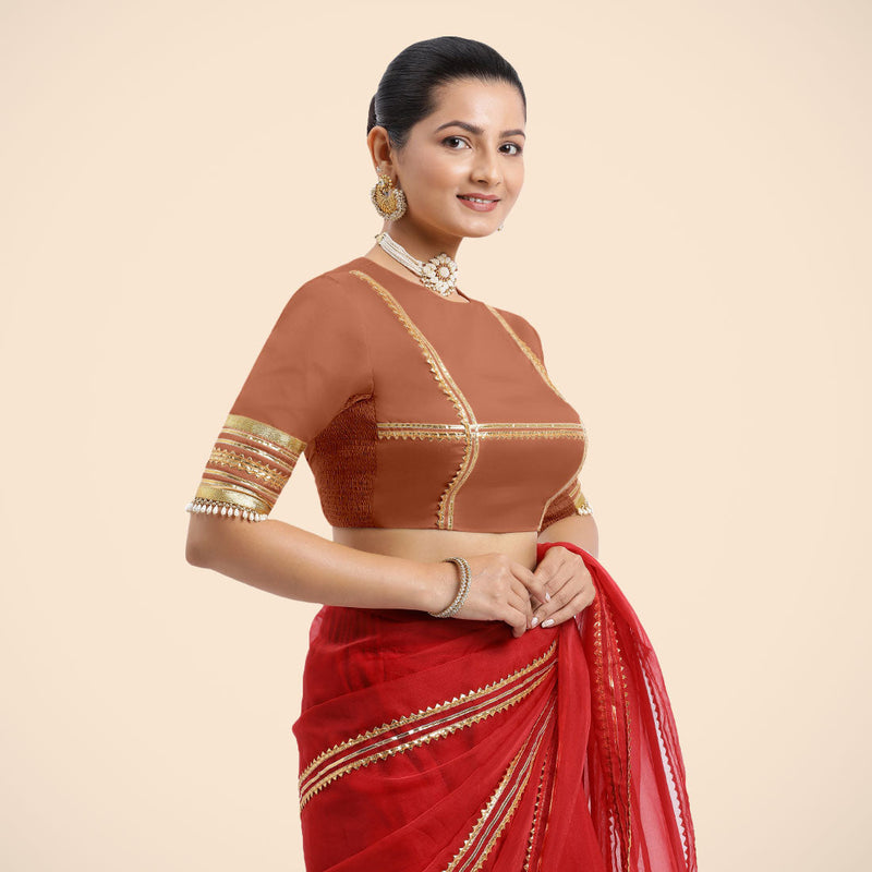 Farheen x Tyohaar | Metallic Copper Embellished Elbow Sleeves FlexiFit™ Saree Blouse with Zero Neck with Back Cut-Out and Golden Gota Embellishment-Binks