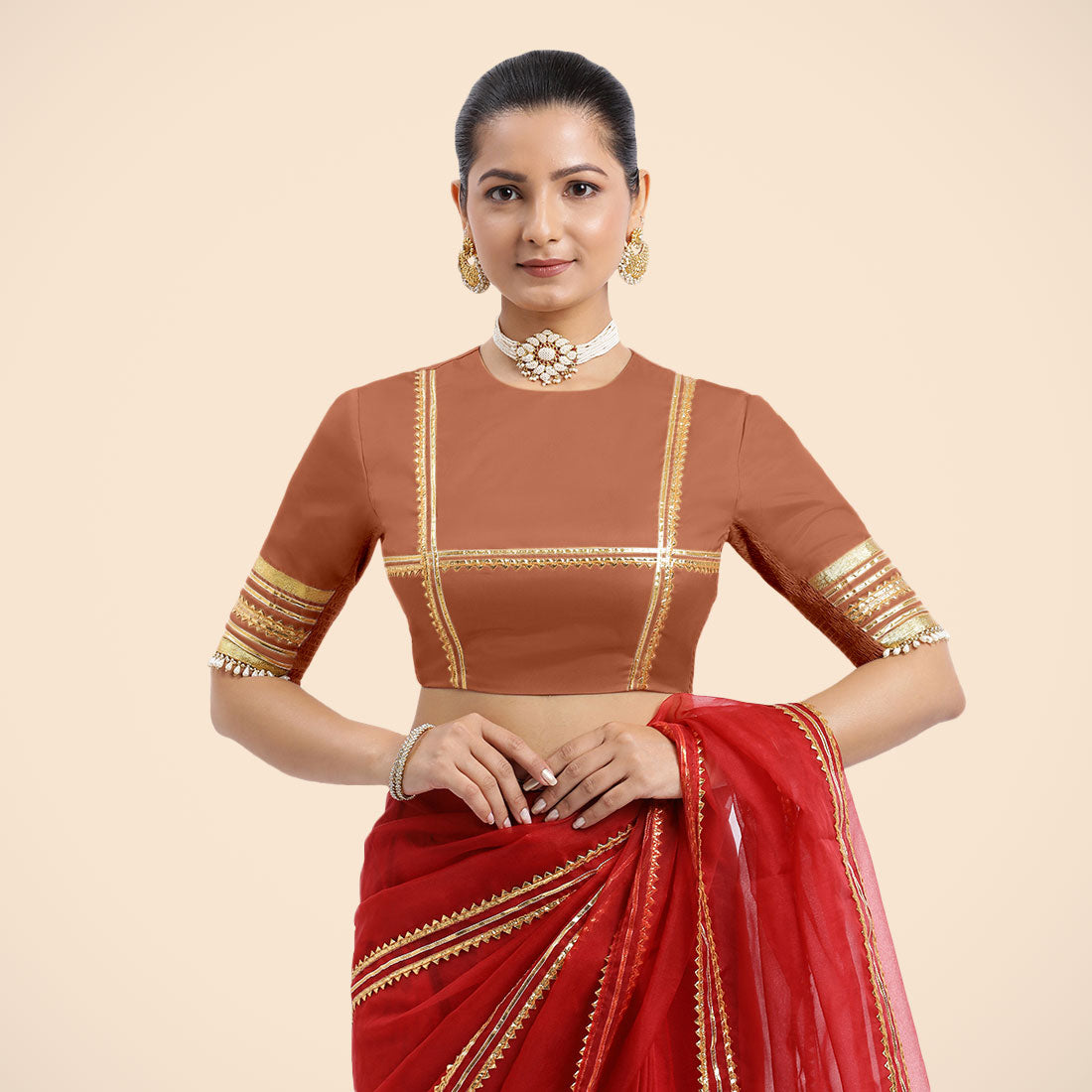 Farheen x Tyohaar Saree Blouse, in Copper Vegan Silk, featuring elbow sleeves, made for party & festive (view 7).