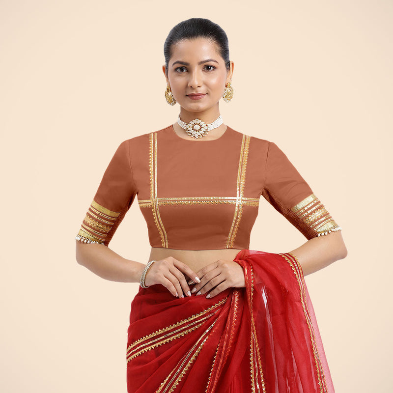 Farheen x Tyohaar | Metallic Copper Embellished Elbow Sleeves FlexiFit™ Saree Blouse with Zero Neck with Back Cut-Out and Golden Gota Embellishment-Binks