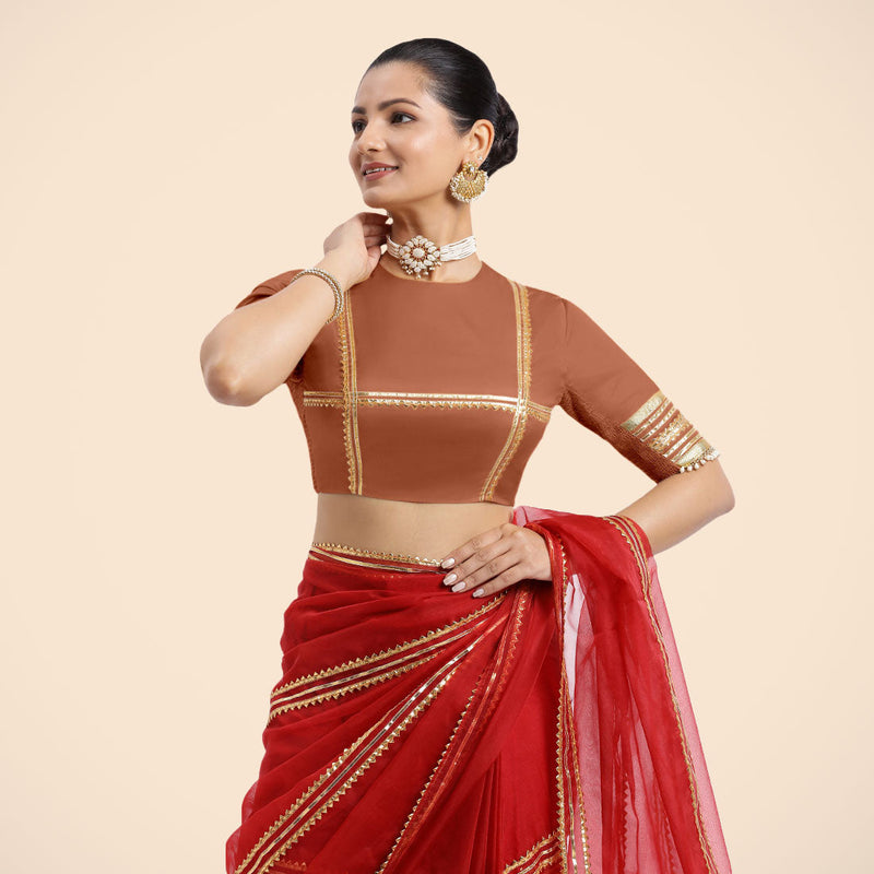 Farheen x Tyohaar | Metallic Copper Embellished Elbow Sleeves FlexiFit™ Saree Blouse with Zero Neck with Back Cut-Out and Golden Gota Embellishment-Binks