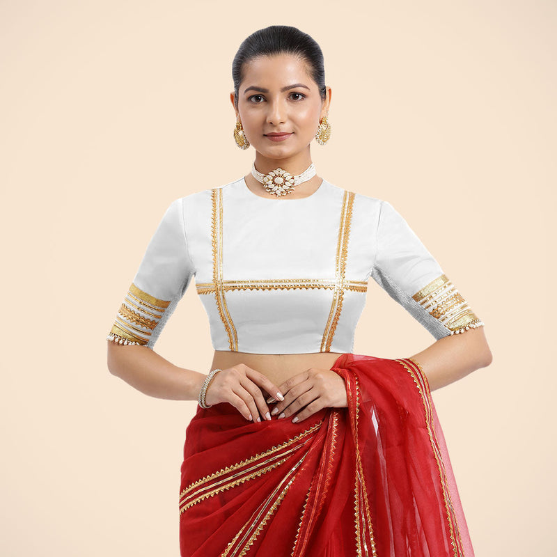 Farheen x Tyohaar | Pearl White Embellished Elbow Sleeves FlexiFit™ Saree Blouse with Zero Neck with Back Cut-Out and Golden Gota Embellishment-Binks