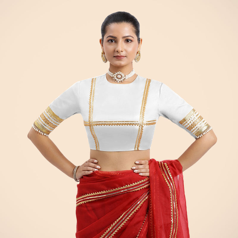 Farheen x Tyohaar | Pearl White Embellished Elbow Sleeves FlexiFit™ Saree Blouse with Zero Neck with Back Cut-Out and Golden Gota Embellishment-Binks