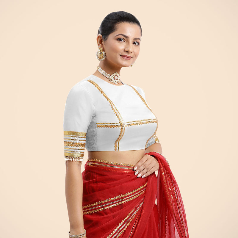 Farheen x Tyohaar | Pearl White Embellished Elbow Sleeves FlexiFit™ Saree Blouse with Zero Neck with Back Cut-Out and Golden Gota Embellishment-Binks