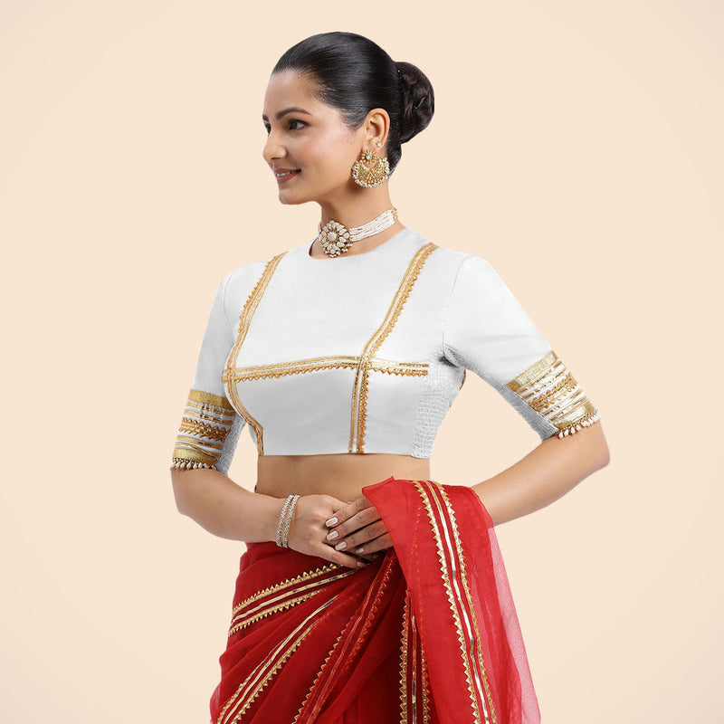 Farheen x Tyohaar | Pearl White Embellished Elbow Sleeves FlexiFit™ Saree Blouse with Zero Neck with Back Cut-Out and Golden Gota Embellishment-Binks