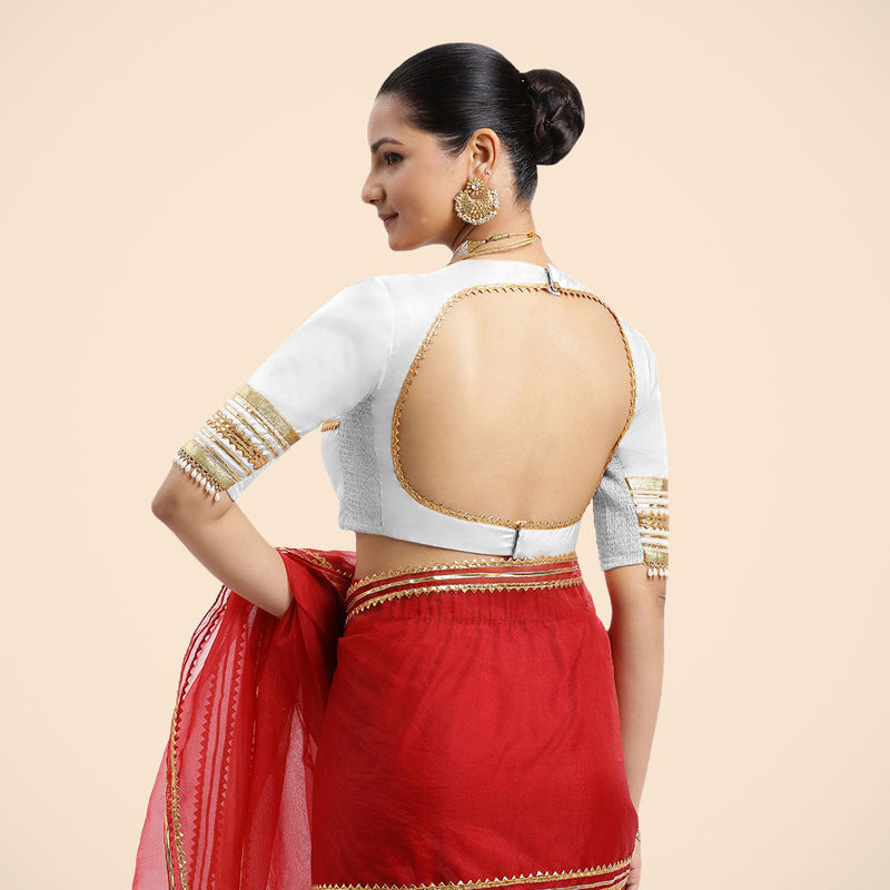Farheen x Tyohaar | Pearl White Embellished Elbow Sleeves FlexiFit™ Saree Blouse with Zero Neck with Back Cut-Out and Golden Gota Embellishment-Binks