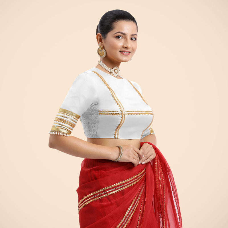 Farheen x Tyohaar | Pearl White Embellished Elbow Sleeves FlexiFit™ Saree Blouse with Zero Neck with Back Cut-Out and Golden Gota Embellishment-Binks