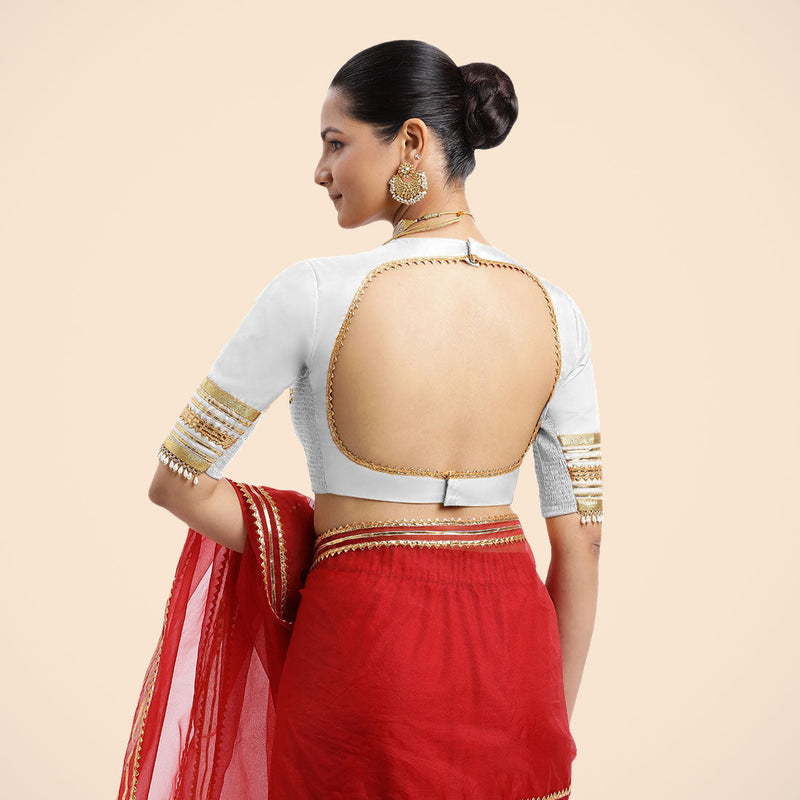 Farheen x Tyohaar | Pearl White Embellished Elbow Sleeves FlexiFit™ Saree Blouse with Zero Neck with Back Cut-Out and Golden Gota Embellishment-Binks