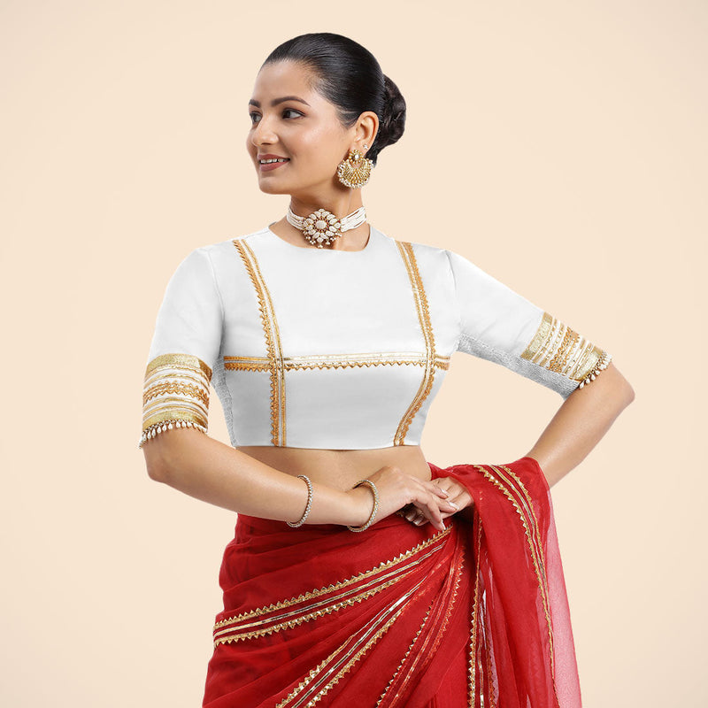 Farheen x Tyohaar | Pearl White Embellished Elbow Sleeves FlexiFit™ Saree Blouse with Zero Neck with Back Cut-Out and Golden Gota Embellishment-Binks