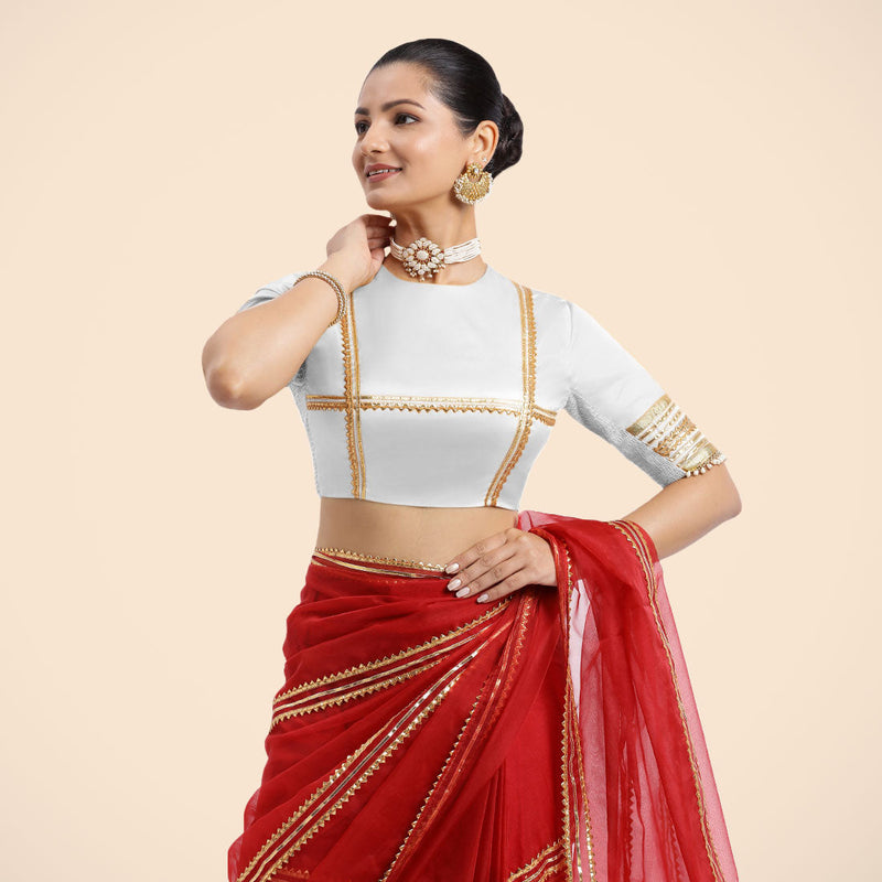 Farheen x Tyohaar | Pearl White Embellished Elbow Sleeves FlexiFit™ Saree Blouse with Zero Neck with Back Cut-Out and Golden Gota Embellishment-Binks