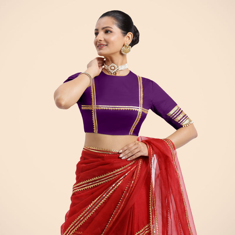 Farheen x Tyohaar | Purple Embellished Elbow Sleeves FlexiFit™ Saree Blouse with Zero Neck with Back Cut-Out and Golden Gota Embellishment-Binks