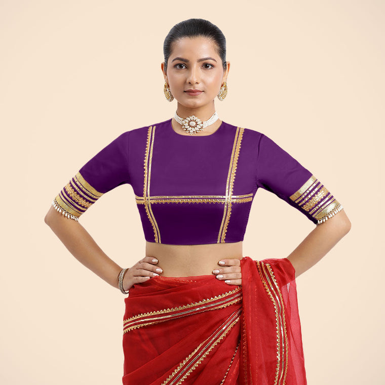 Farheen x Tyohaar Saree Blouse, in Purple Vegan Silk, featuring elbow sleeves, made for party & festive (view 3).