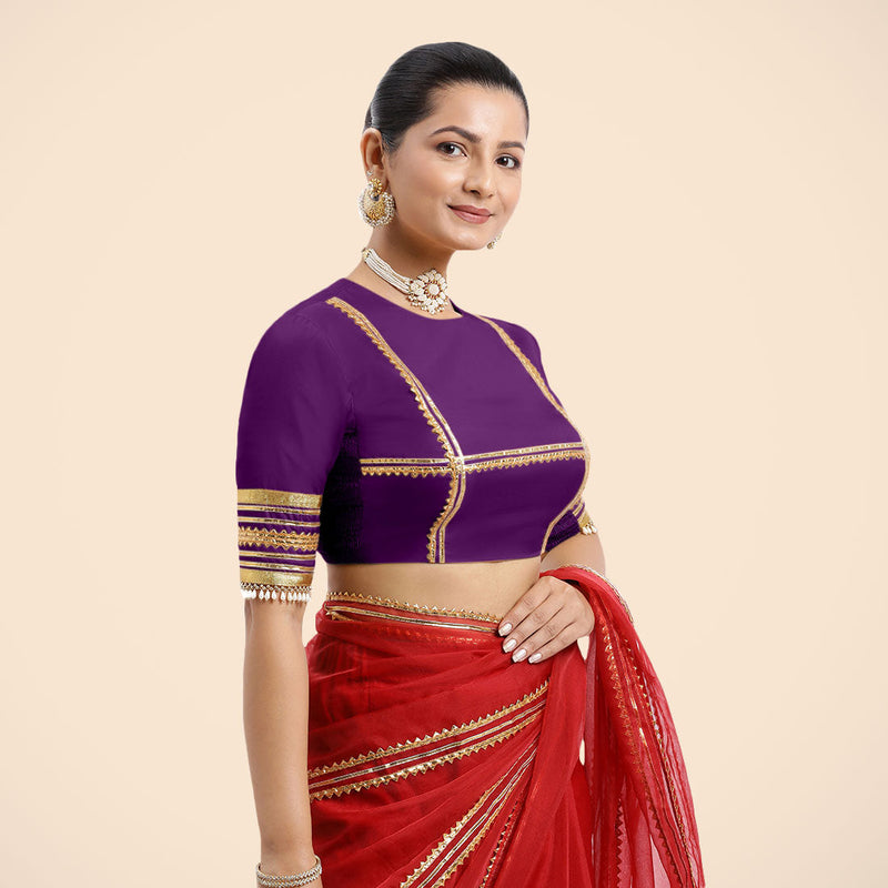 Farheen x Tyohaar | Purple Embellished Elbow Sleeves FlexiFit™ Saree Blouse with Zero Neck with Back Cut-Out and Golden Gota Embellishment-Binks