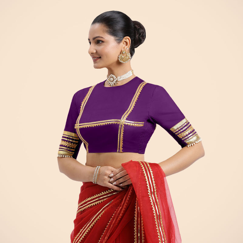 Farheen x Tyohaar | Purple Embellished Elbow Sleeves FlexiFit™ Saree Blouse with Zero Neck with Back Cut-Out and Golden Gota Embellishment-Binks