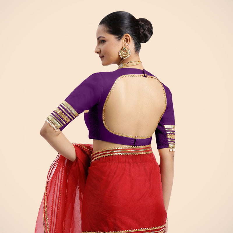 Farheen x Tyohaar | Purple Embellished Elbow Sleeves FlexiFit™ Saree Blouse with Zero Neck with Back Cut-Out and Golden Gota Embellishment-Binks