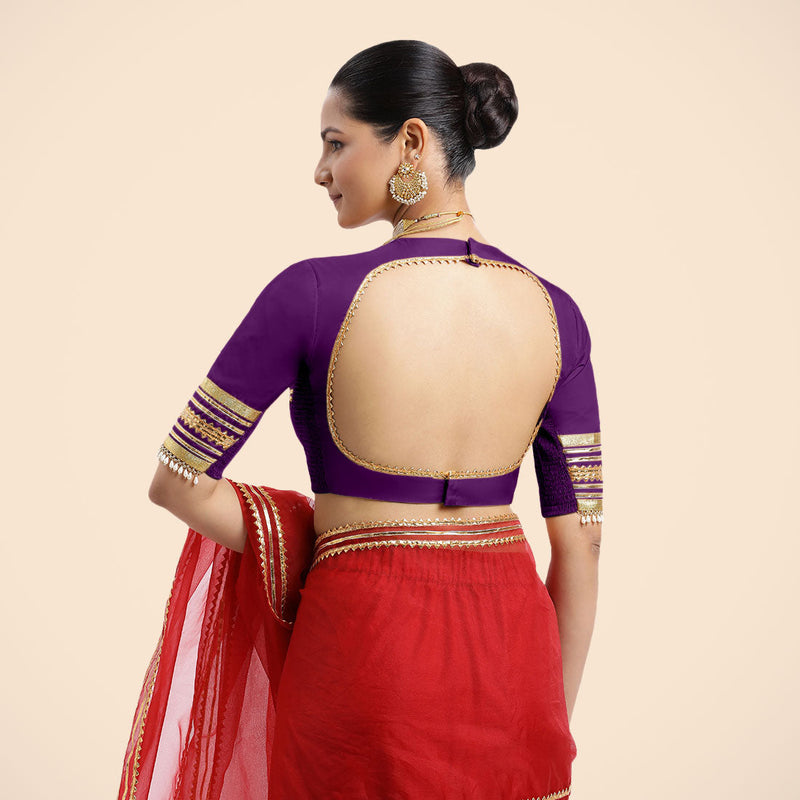 Farheen x Tyohaar | Purple Embellished Elbow Sleeves FlexiFit™ Saree Blouse with Zero Neck with Back Cut-Out and Golden Gota Embellishment-Binks