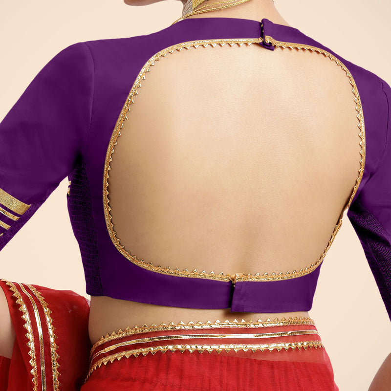 Farheen x Tyohaar | Purple Embellished Elbow Sleeves FlexiFit™ Saree Blouse with Zero Neck with Back Cut-Out and Golden Gota Embellishment-Binks