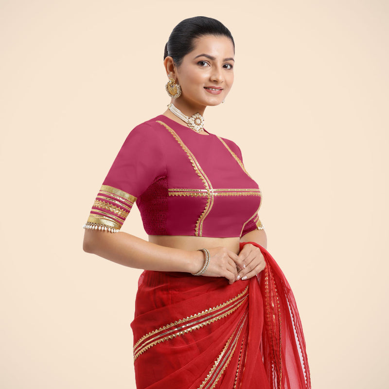 Farheen x Tyohaar | Rani Pink Embellished Elbow Sleeves FlexiFit™ Saree Blouse with Zero Neck with Back Cut-Out and Golden Gota Embellishment-Binks