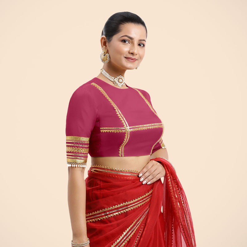 Farheen x Tyohaar | Rani Pink Embellished Elbow Sleeves FlexiFit™ Saree Blouse with Zero Neck with Back Cut-Out and Golden Gota Embellishment-Binks