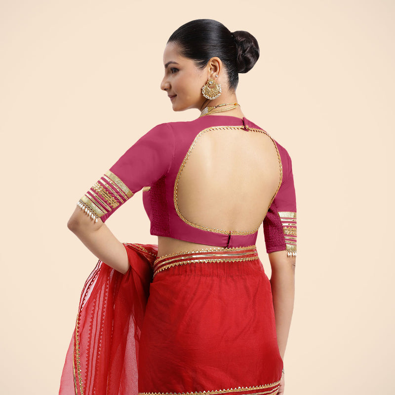 Farheen x Tyohaar | Rani Pink Embellished Elbow Sleeves FlexiFit™ Saree Blouse with Zero Neck with Back Cut-Out and Golden Gota Embellishment-Binks