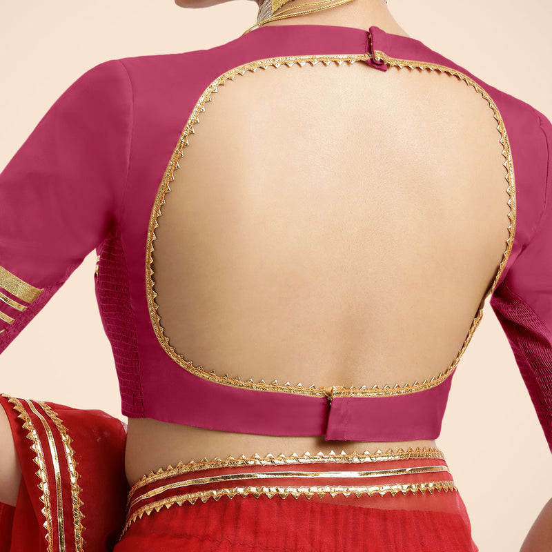 Farheen x Tyohaar | Rani Pink Embellished Elbow Sleeves FlexiFit™ Saree Blouse with Zero Neck with Back Cut-Out and Golden Gota Embellishment-Binks