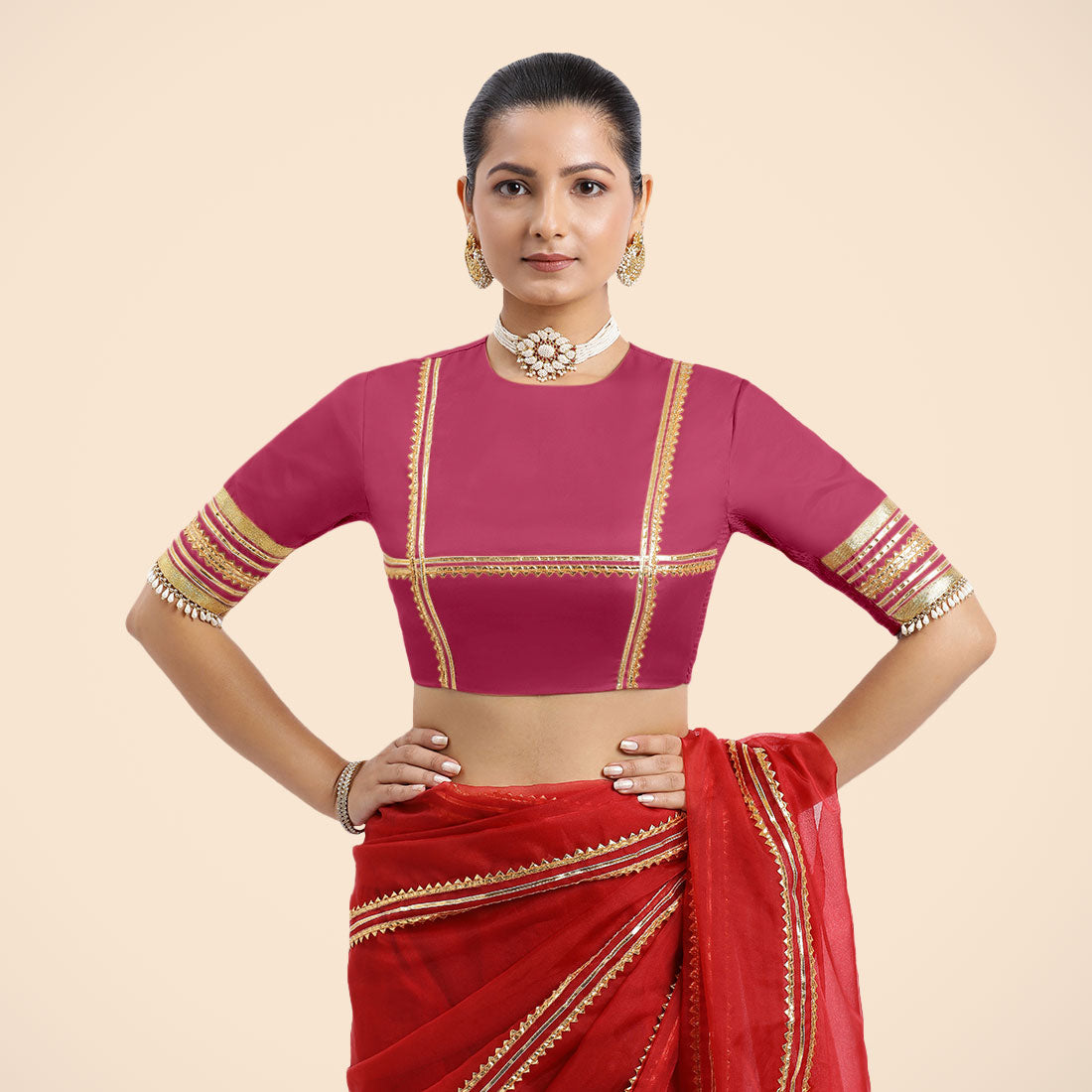 Farheen x Tyohaar Saree Blouse, in Pink Vegan Silk, featuring elbow sleeves, made for party & festive (view 8).