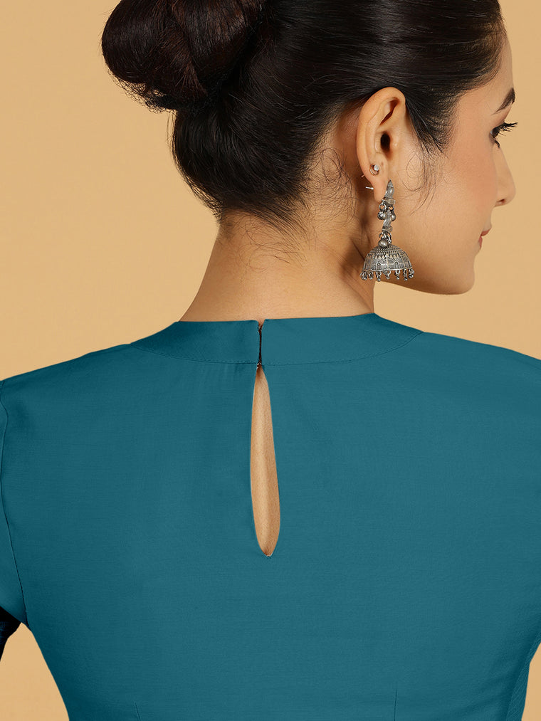 Farida x Rozaana Saree Blouse, in Blue Viscose, featuring elbow sleeves and round neckline, made for daily & work (view 2).