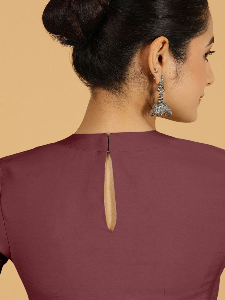Farida x Rozaana Saree Blouse, in Maroon Viscose, featuring elbow sleeves and round neckline, made for daily & work (view 2).