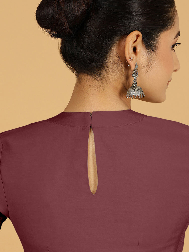 Farida x Rozaana Saree Blouse, in Maroon Viscose, featuring elbow sleeves and round neckline, made for daily & work (view 2).