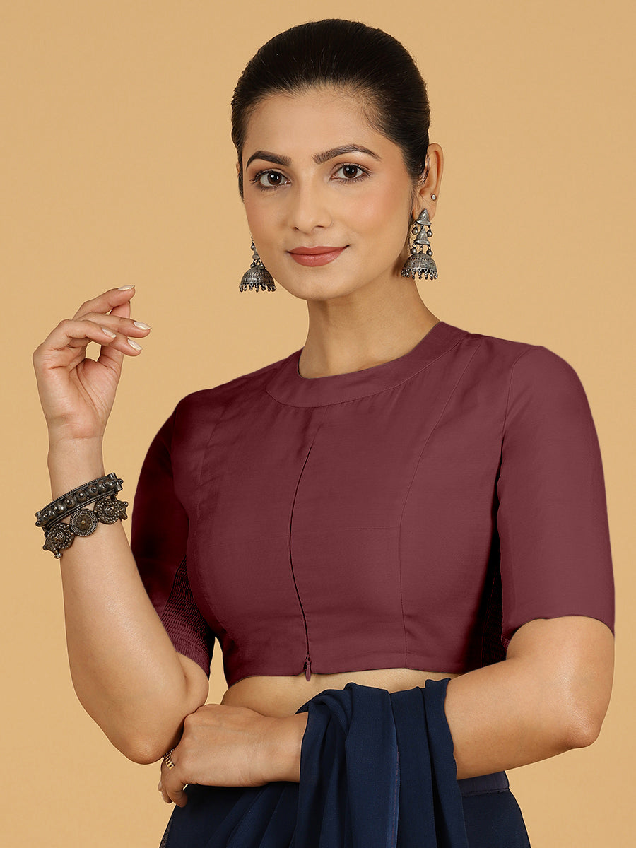 Farida x Rozaana Saree Blouse, in Maroon Viscose, featuring elbow sleeves and round neckline, made for daily & work (view 6).