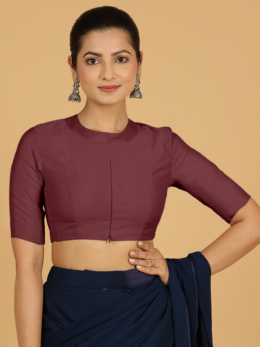Farida x Rozaana Saree Blouse, in Maroon Viscose, featuring elbow sleeves and round neckline, made for daily & work (view 8).