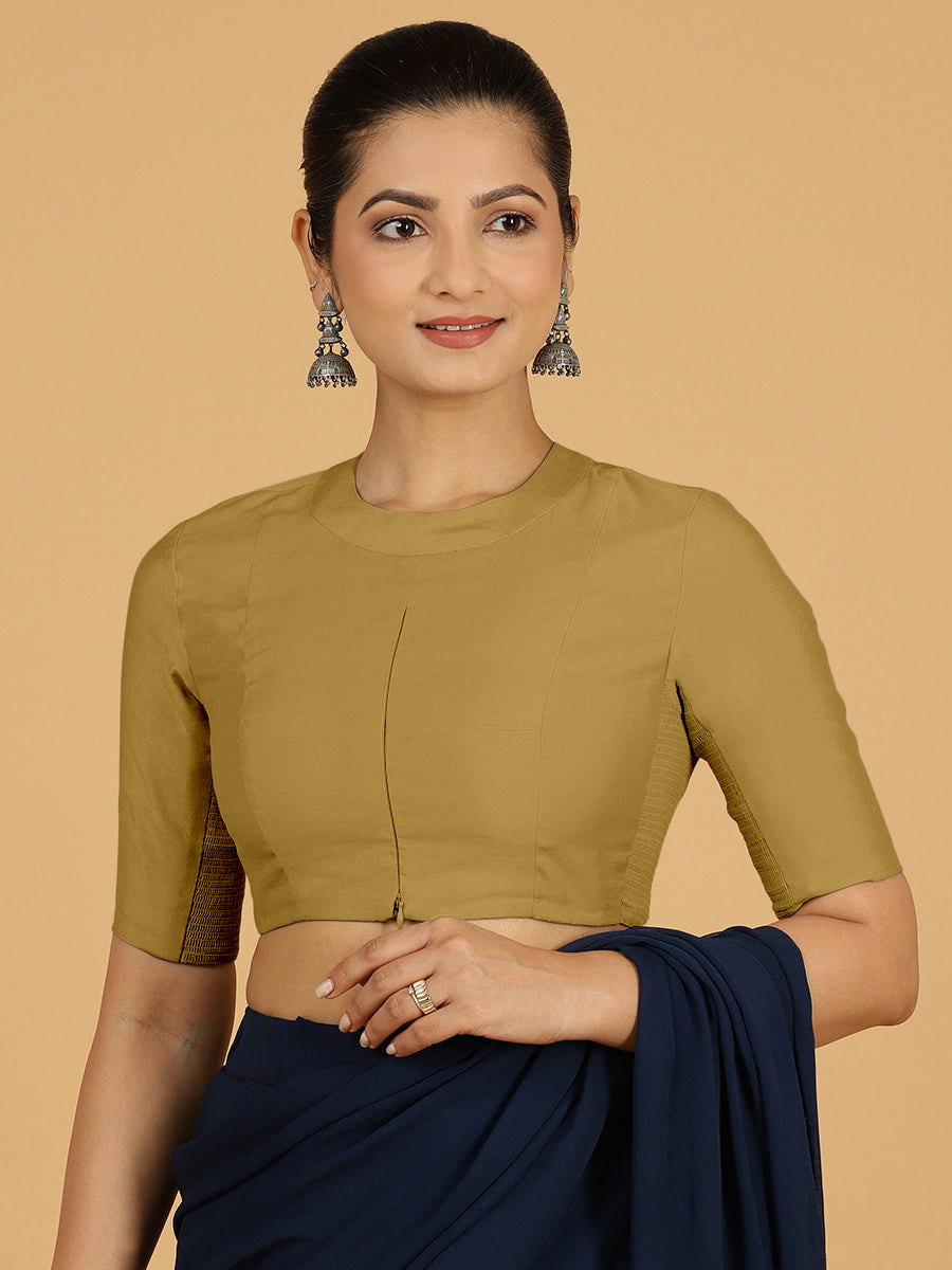 Farida x Rozaana Saree Blouse, in Yellow Viscose, featuring elbow sleeves and round neckline, made for daily & work (view 6).