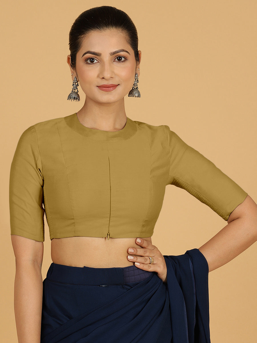 Farida x Rozaana Saree Blouse, in Yellow Viscose, featuring elbow sleeves and round neckline, made for daily & work (view 8).
