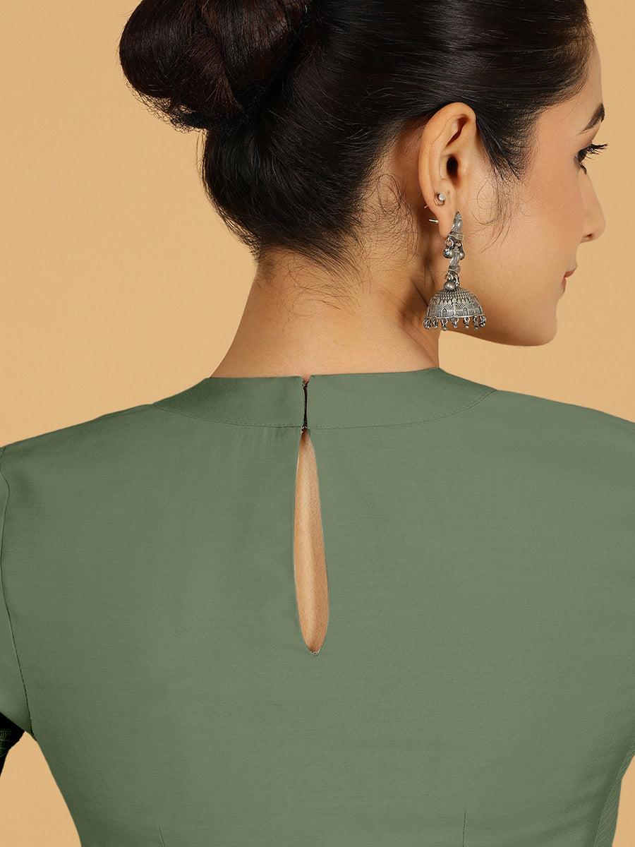 Farida x Rozaana Saree Blouse, in Green Viscose, featuring elbow sleeves and round neckline, made for daily & work (view 2).