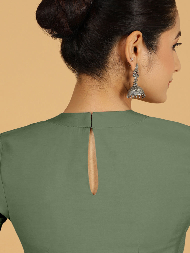 Farida x Rozaana Saree Blouse, in Green Viscose, featuring elbow sleeves and round neckline, made for daily & work (view 2).