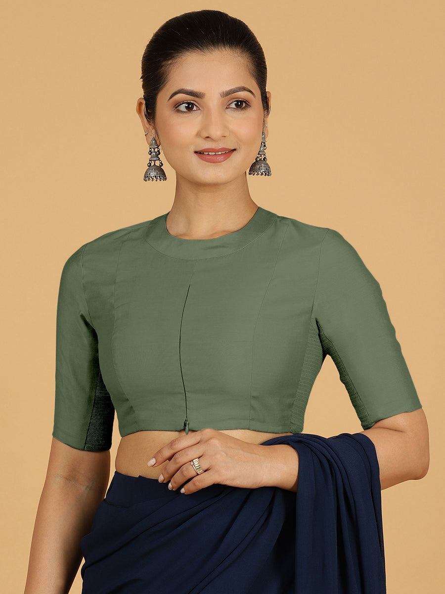 Farida x Rozaana Saree Blouse, in Green Viscose, featuring elbow sleeves and round neckline, made for daily & work (view 6).