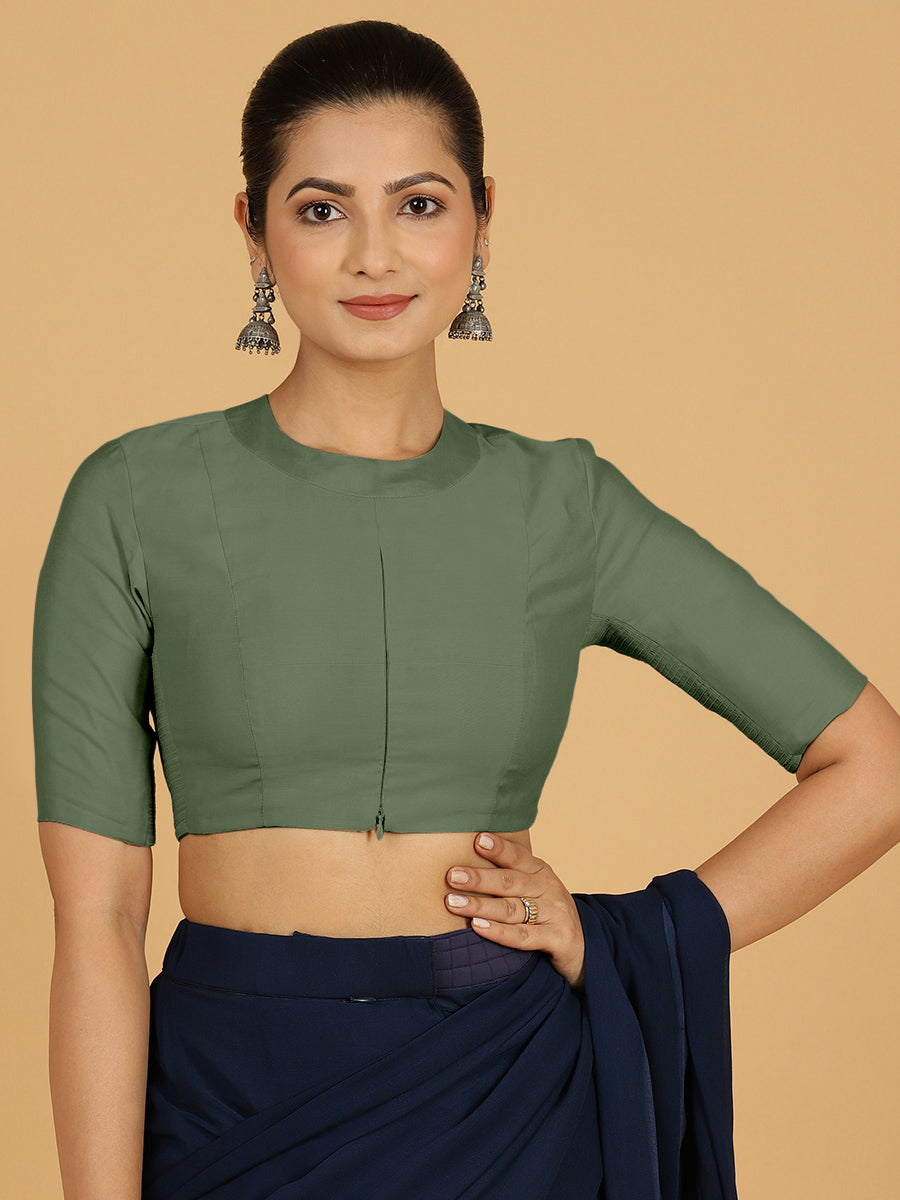 Farida x Rozaana Saree Blouse, in Green Viscose, featuring elbow sleeves and round neckline, made for daily & work (view 8).