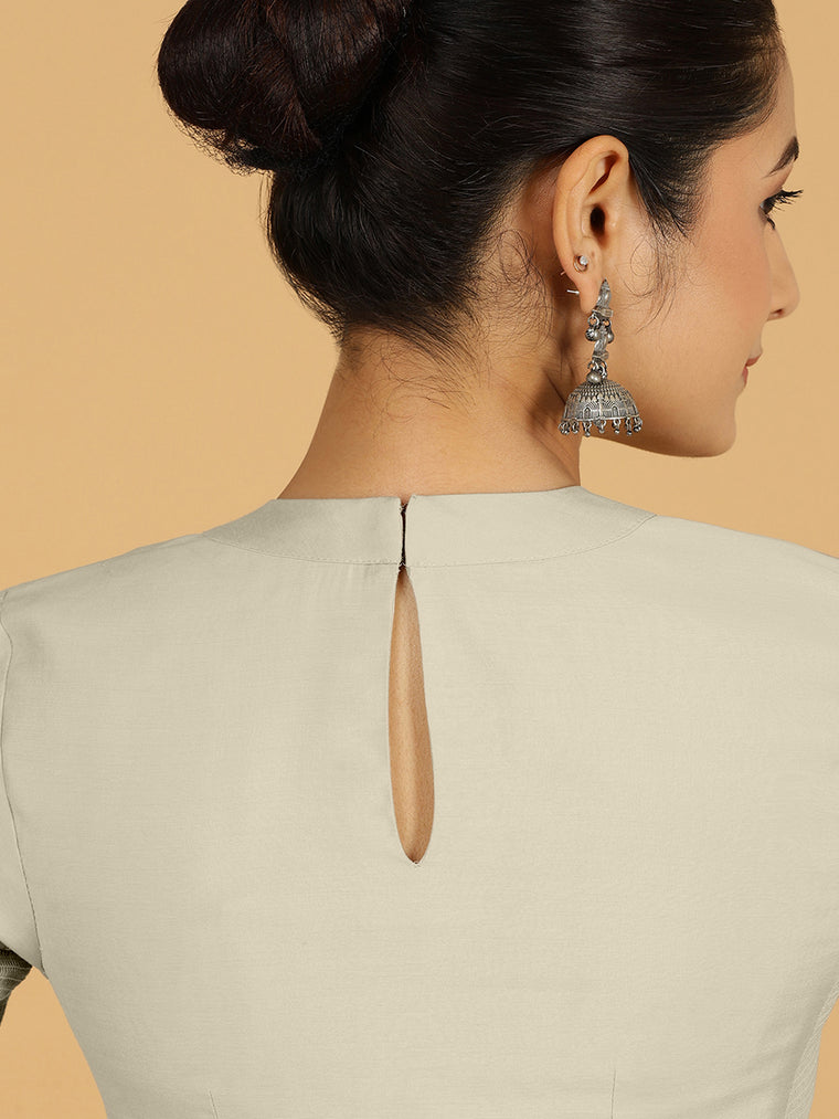 Farida x Rozaana Saree Blouse, in Cream Viscose, featuring elbow sleeves and round neckline, made for daily & work (view 2).