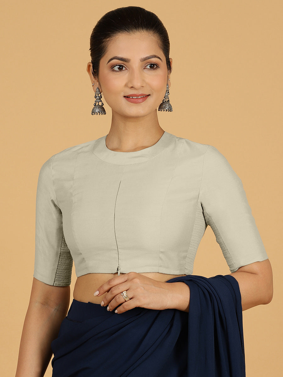 Farida x Rozaana Saree Blouse, in Cream Viscose, featuring elbow sleeves and round neckline, made for daily & work (view 6).