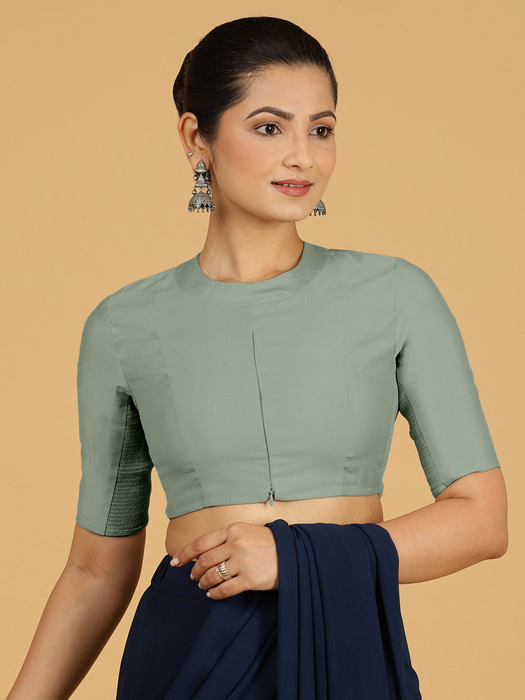 Farida x Rozaana Saree Blouse, in Green Viscose, featuring elbow sleeves and round neckline, made for daily & work.