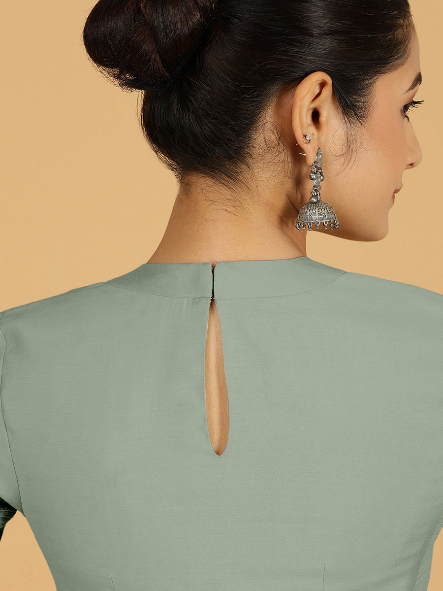 Farida x Rozaana Saree Blouse, in Green Viscose, featuring elbow sleeves and round neckline, made for daily & work (view 2).