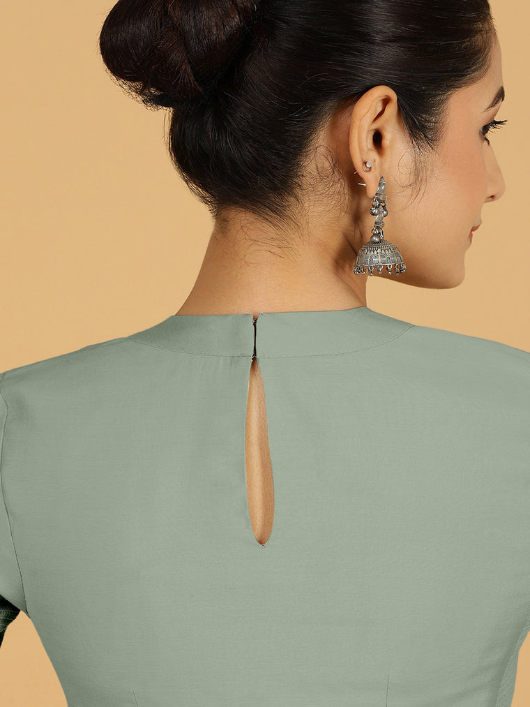 Farida x Rozaana Saree Blouse, in Green Viscose, featuring elbow sleeves and round neckline, made for daily & work (view 2).