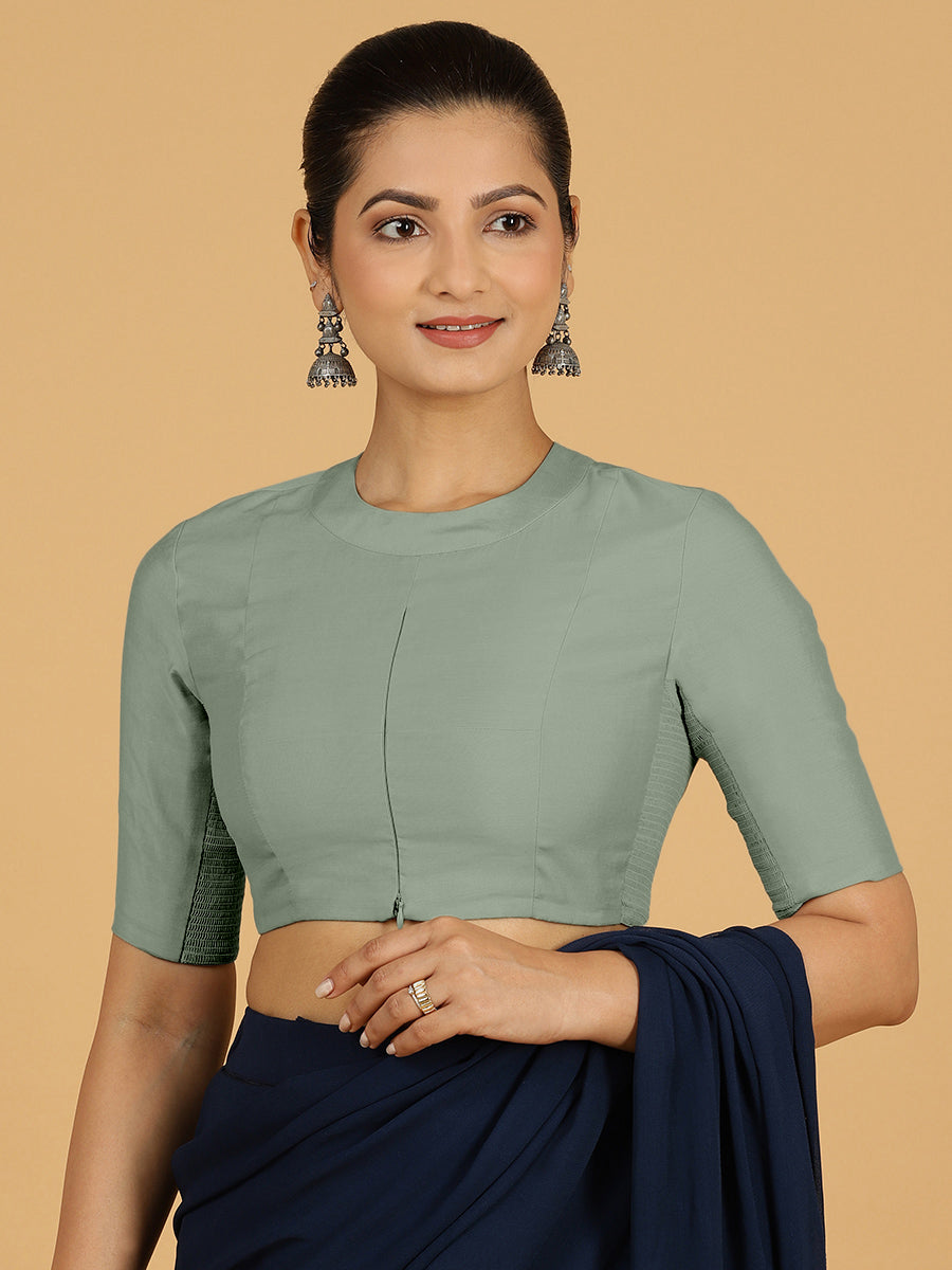 Farida x Rozaana Saree Blouse, in Green Viscose, featuring elbow sleeves and round neckline, made for daily & work (view 6).