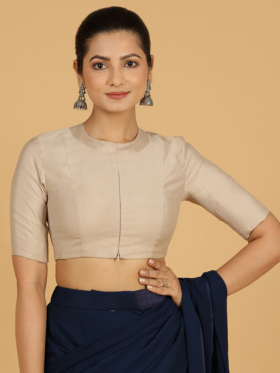 Farida x Rozaana Saree Blouse, in Grey Viscose, featuring elbow sleeves and round neckline, made for daily & work.