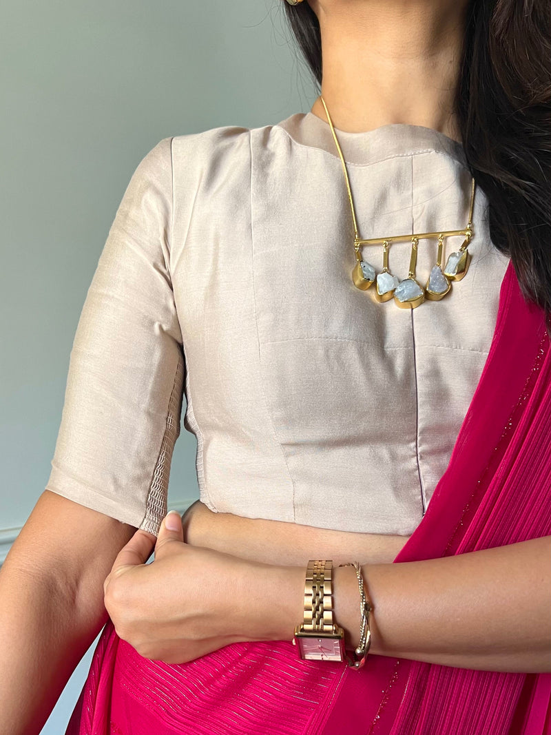 Farida x Rozaana | Regular Sleeves Saree Blouse in Oyster Grey-Binks