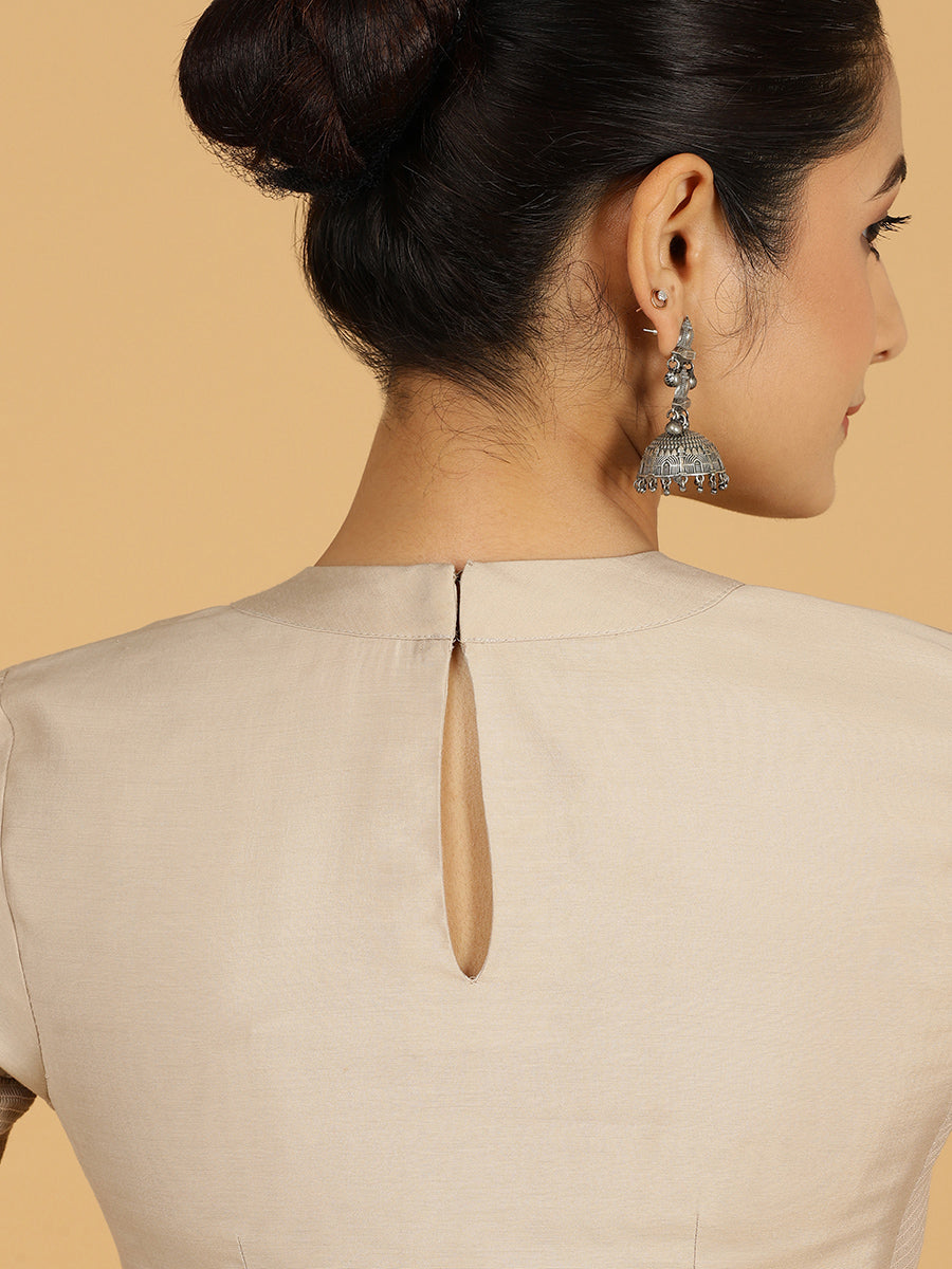 Farida x Rozaana Saree Blouse, in Grey Viscose, featuring elbow sleeves and round neckline, made for daily & work (view 2).