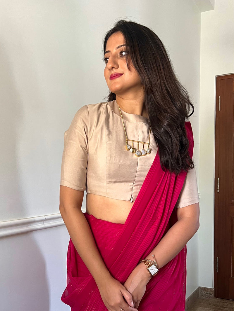 Farida x Rozaana | Regular Sleeves Saree Blouse in Oyster Grey-Binks