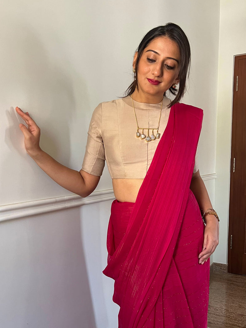 Farida x Rozaana | Regular Sleeves Saree Blouse in Oyster Grey-Binks